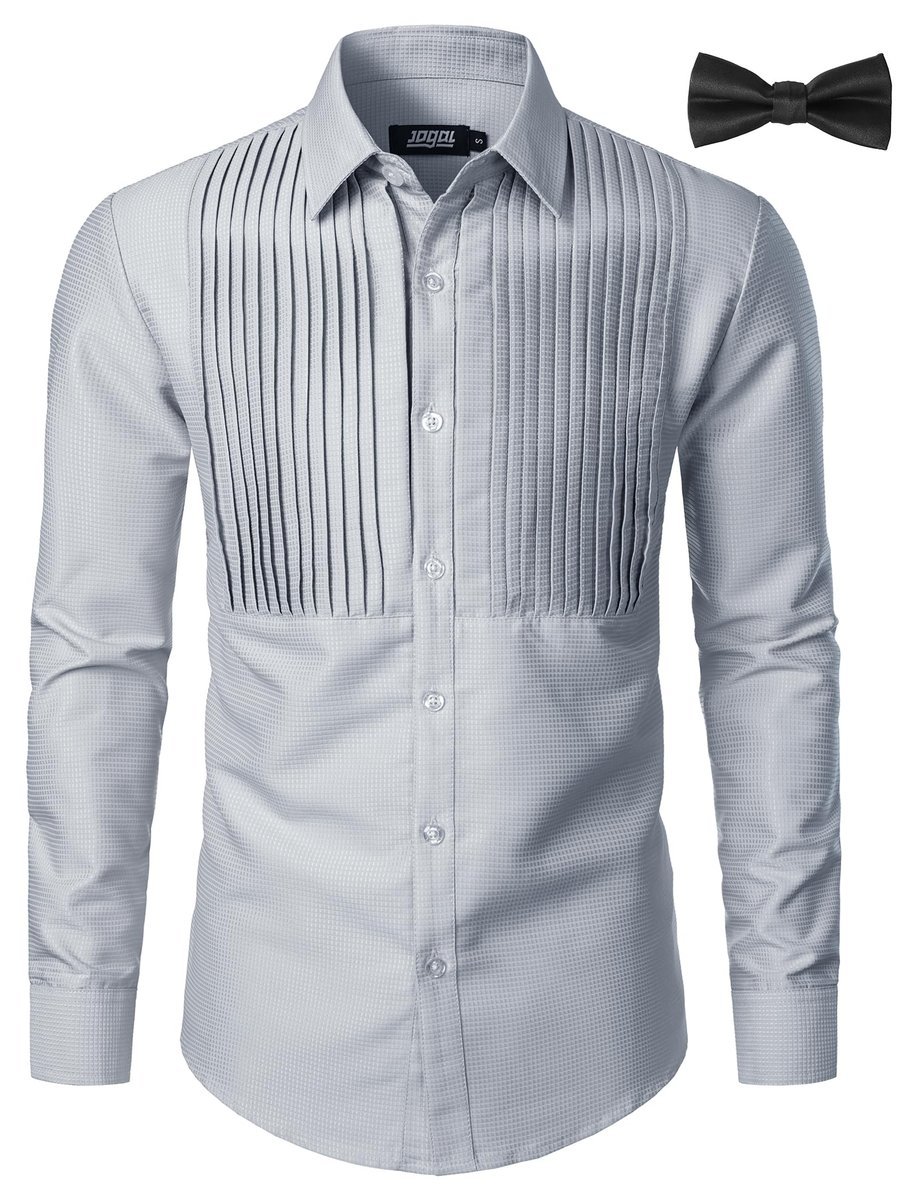JOGAL Męska Koszula na Długi Rękaw Smokingowa Elegancka Plisowana Szara XXL