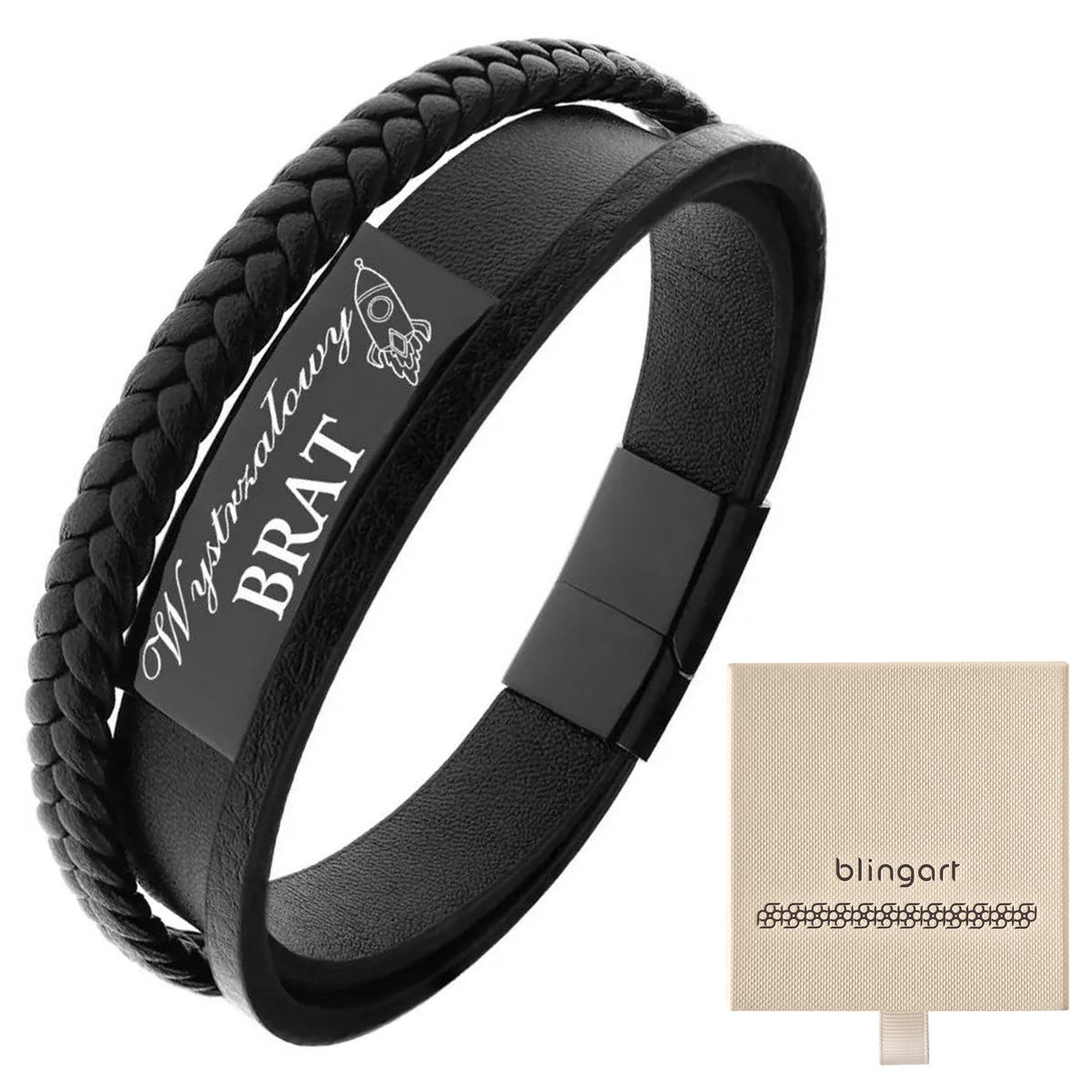 Bransoletka z GRAWEREM męska skórzana CZARNA stal