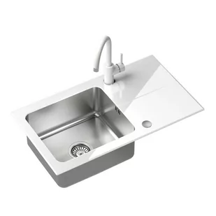 STEINER Zlewozmywak Hugh 111 ST3577SB1BS-BW7059BIP blat szklany) Biały + bateria Naomi - Zlewozmywaki z baterią - miniaturka - grafika 1