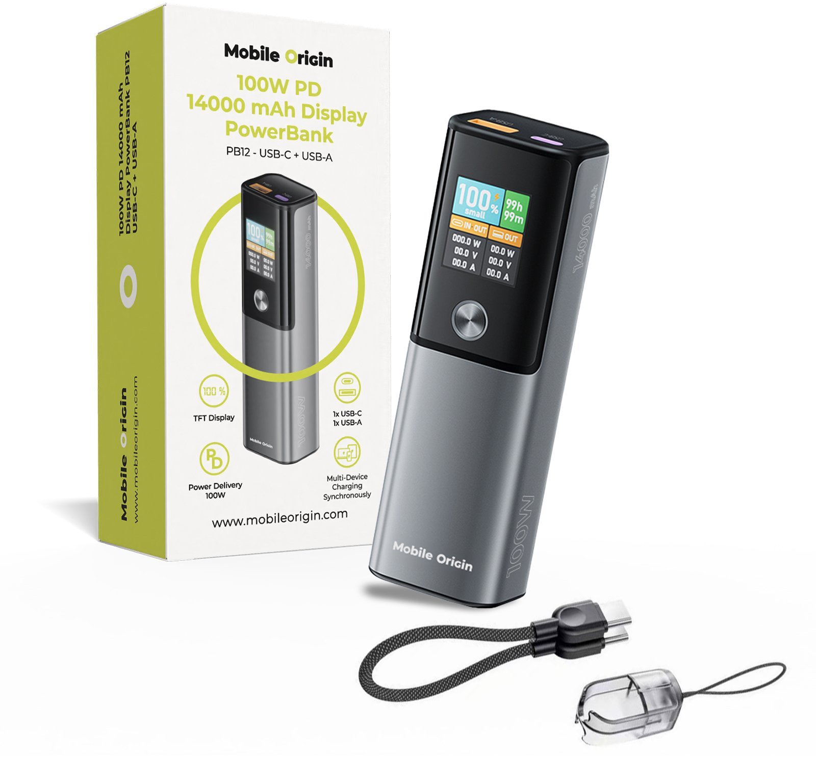 Powerbank Mobile Origin Mobile Origin 100W PD 14000mAh Display PowerBank PB12 - USB-C + USB-A