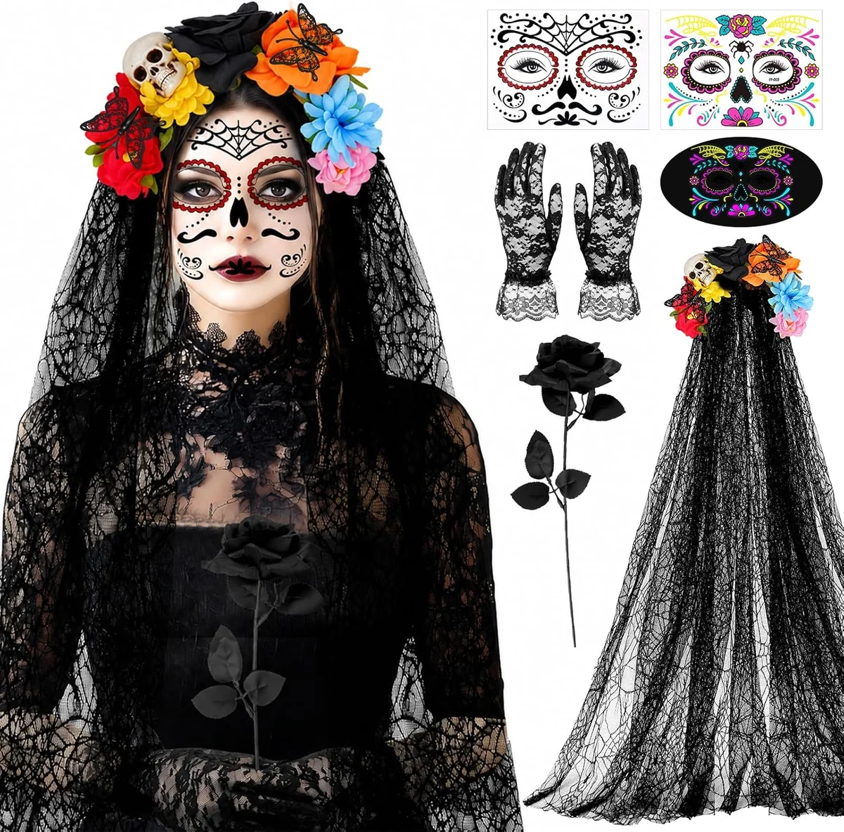 KOSTIUM DAMSKI NA HALLOWEEN KOMPLETNY DUŻY ZESTAW 8 CZĘŚCI ZASTAWIE