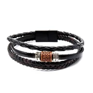 Bransolety męskie - Bransoletka skórzana czarno - brązowa - skóra naturalna + koralik EM - EM Men's Accessories - miniaturka - grafika 1