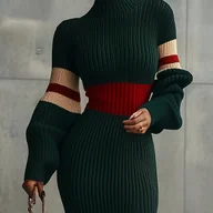 Swetry damskie - TEMU Ciemnozielona sukienka z wysokim dekoltem w stylu color-block, francuska sukienka sweterowa z wyszczuplającym pasem w stylu vintage, elegancka, - miniaturka - grafika 1