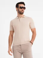 Koszulki męskie - Męska koszulka polo z wiskozą SLIM FIT w pionowy prążek beżowa V2 OM-POSS-0143 XL - miniaturka - grafika 1