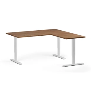 Stół z regulacją wysokości, 3 silniki, 745 - 1215 mm, narożnik L/P, blat 1600 x 1600 mm, podstawa biała, orzech - Stoły i stoliki do biura - miniaturka - grafika 1