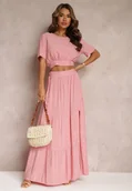 Komplety damskie - Różowy Komplet z Wiskozy 2-Częściowy Top i Spódnica z Falbankami Jakki - miniaturka - grafika 1