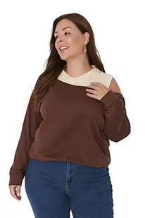 Trendyol Damska bluza z okrągłym dekoltem, gładka, regularna, plus size, brązowa, 5XL, Brązowy - Bluzy damskie - miniaturka - grafika 1