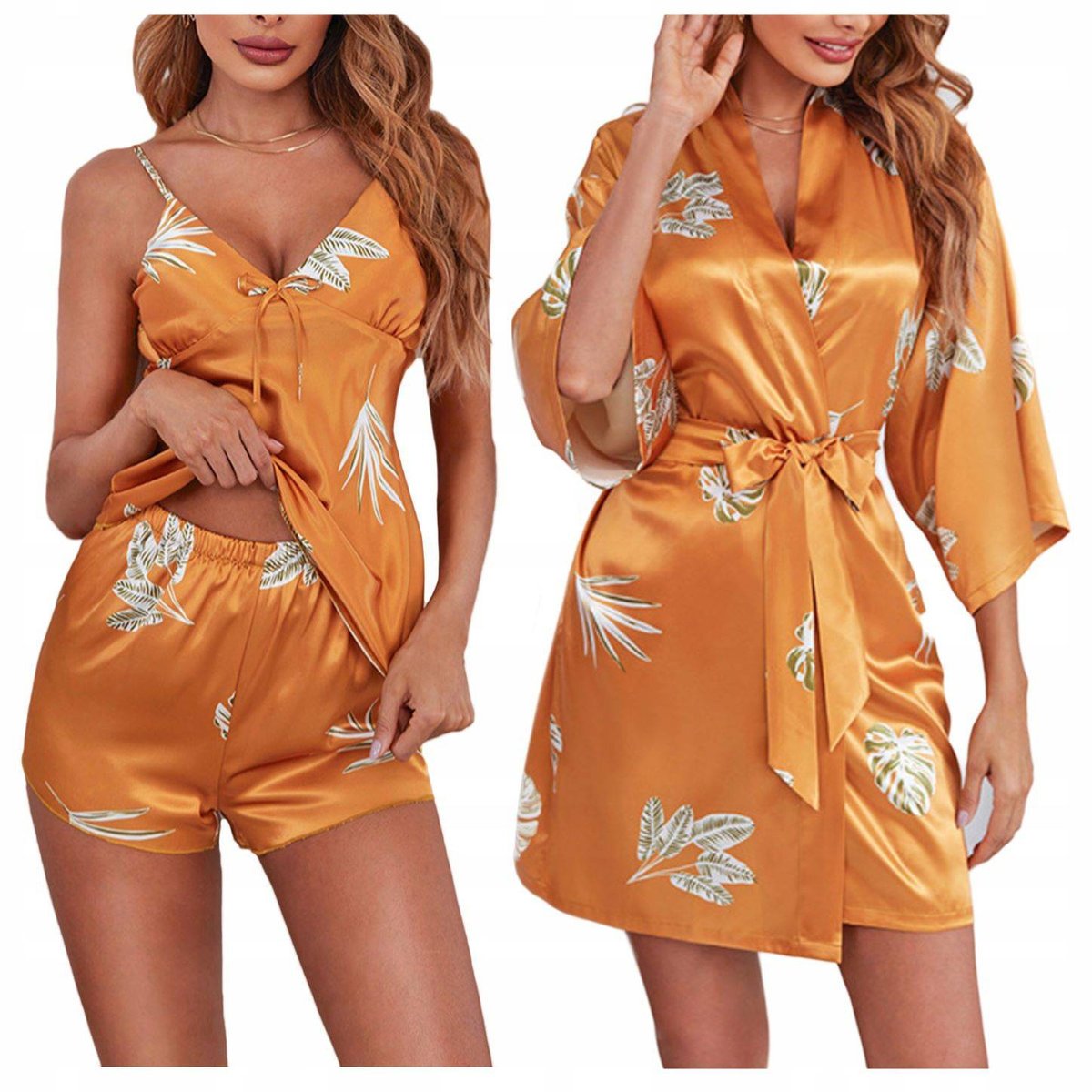 Komplet szlafrok damski satynowy piżama dwuczęściowa - L