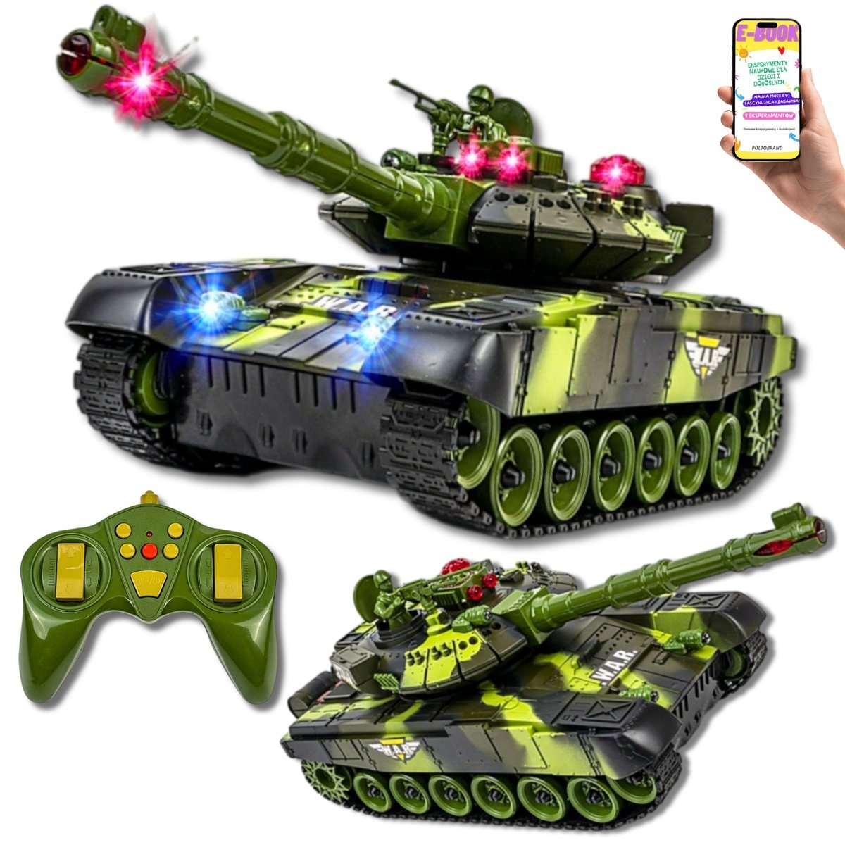 CZOŁG ZDALNIE STEROWANY DUŻY TANK Z EFEKTAMI STRZELANIA I ODRZUTEM Prezent dla 7 8 9 10 11 12 latka + EBOOK-1
