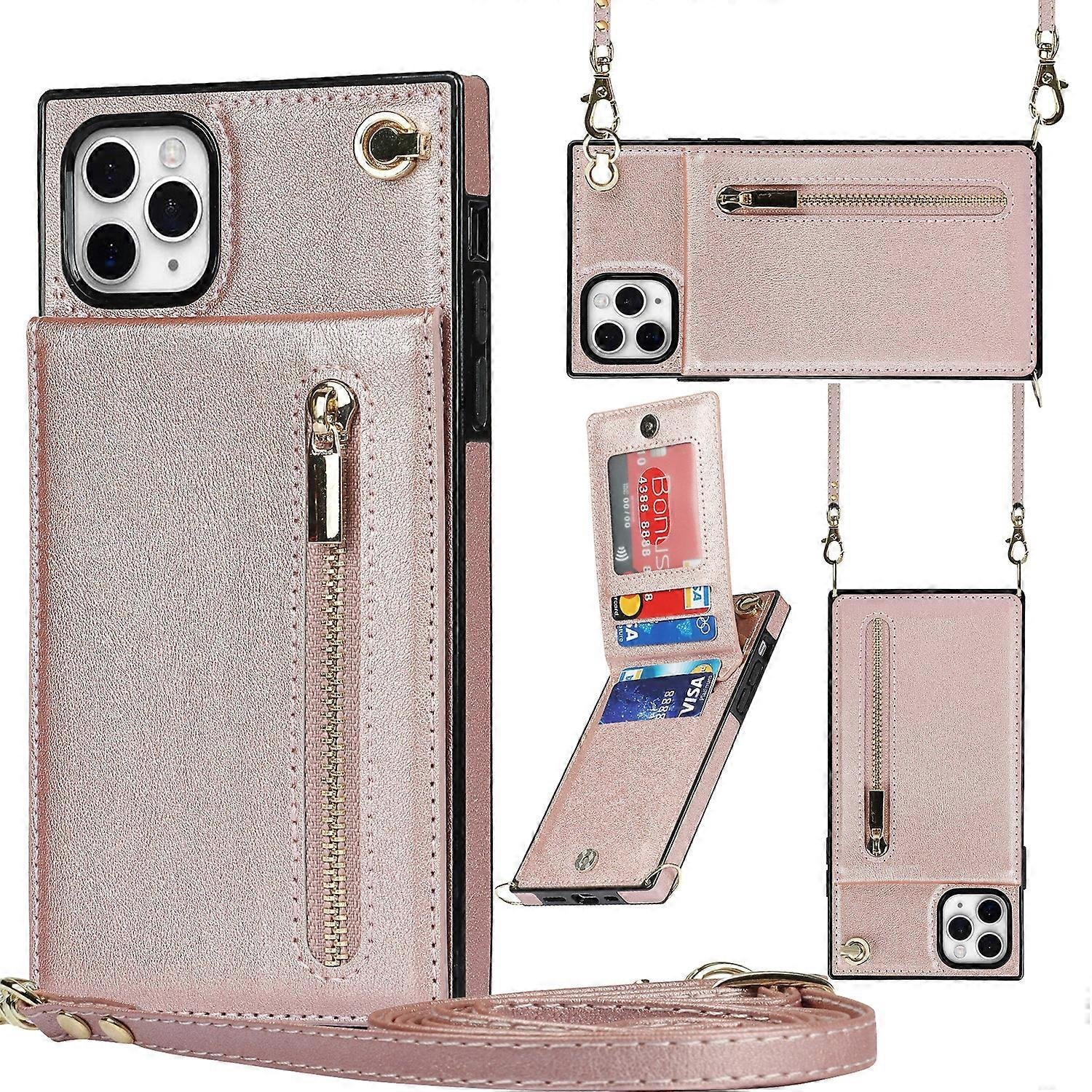 Do iPhone'a 11 Pro Cross-body Zipper Kwadratowa tylna okładka TPU + PU z uchwytem i miejscami na karty oraz portfelem i paskiem