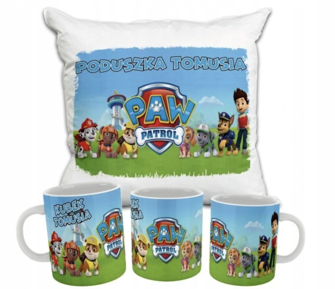 ZESTAW PODUSZKA + KUBEK Prezent PSI PATROL PAW PATROL PIESKI + IMIĘ 18
