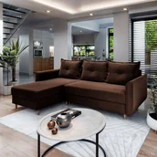 Pościel - Masseno Narożnik PISAN R-S z funkcją spania i pojemnikiem na pościel Kształt L, Rozkładana sofa, Rogówka - Brązowy, KRONOS 06 - miniaturka - grafika 1