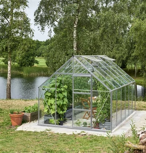 HALLS szklarnia ogrodowa Universal 128 srebrna (9.9 m2; 2,57 x3,84 m), szkło hartowane + baza - Szklarnie ogrodowe - miniaturka - grafika 4
