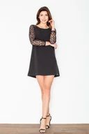 Sukienki - Czarna Trapezowa Sukienka z Koronkowym Długim Rękawem - miniaturka - grafika 1