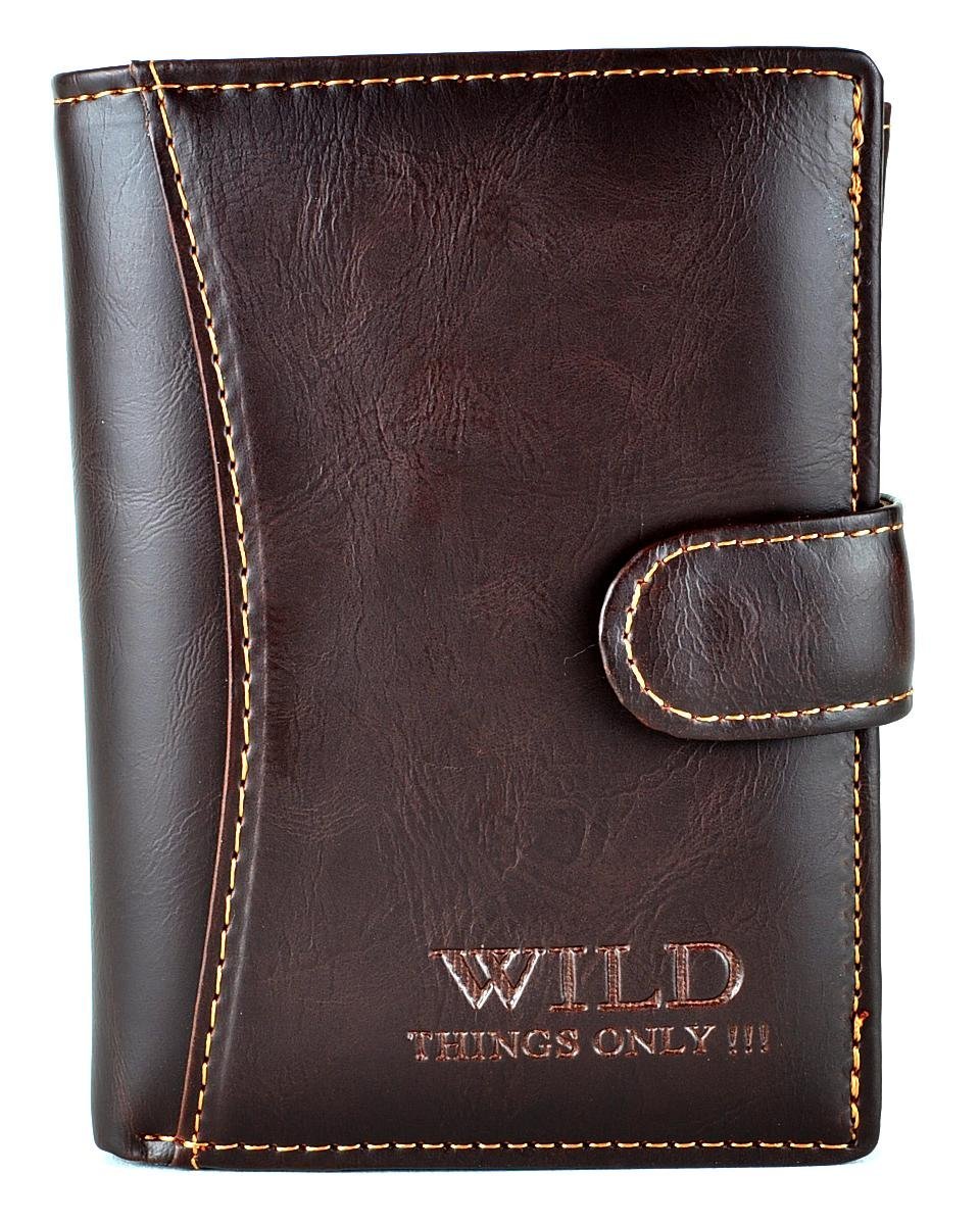 BRĄZOWY Pionowy PORTFEL Męski Młodzieżowy Portmonetka z ZATRZASKIEM + Pasek