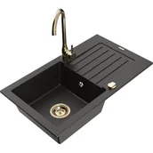 Zlewozmywaki z baterią - Mexen Pablo zlewozmywak granitowy 1-komorowy z ociekaczem i baterią kuchenną Telma, czarny/złoty - miniaturka - grafika 1