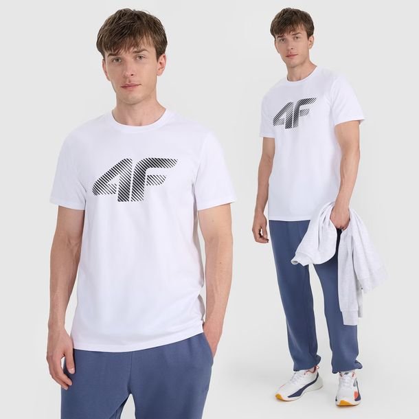 Koszulka Męska 4F T-shirt Z Nadrukiem Regular Bawełna Logo Casual Biały L