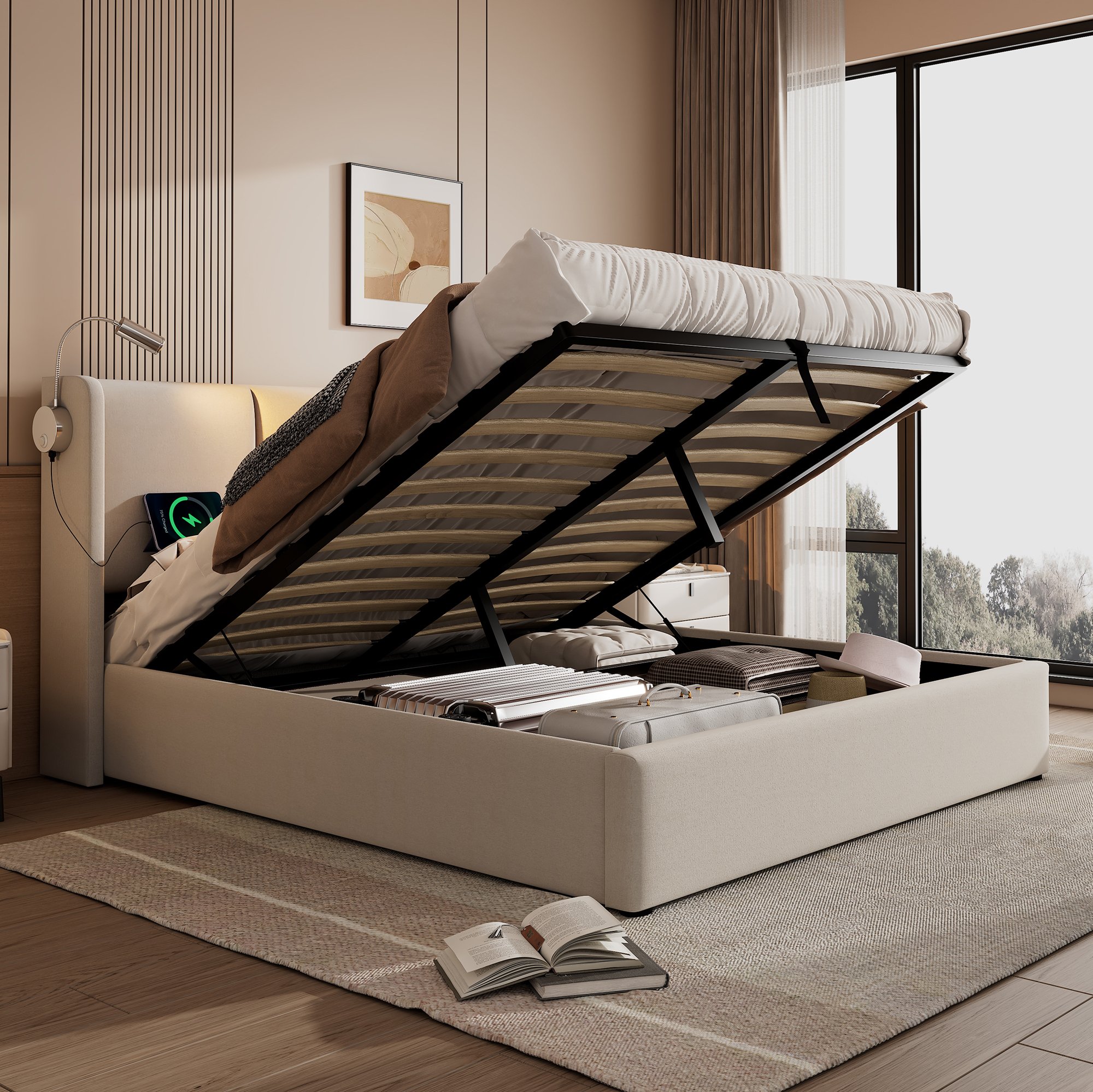 Łóżko tapicerowane Flieks 160x200cm ze stelażem z listew, łóżko na sprężynach skrzyniowych z lampką do czya i USB, podwójne łóżko do przechowywania, funkcjonalne łóżko, PU, beżowe