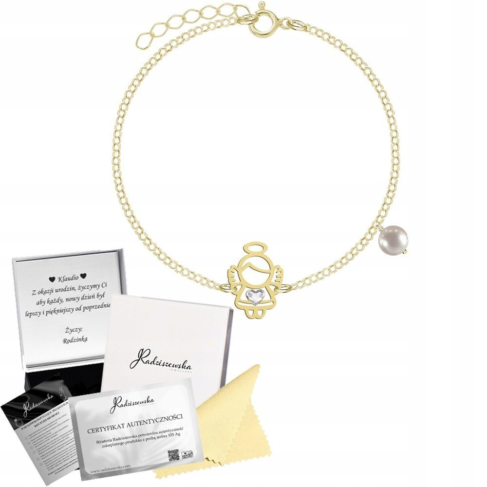 Bransoletka na KOMUNIĘ z Aniołkiem Łańcuszek Perła Prezent DEDYKACJA GRATIS