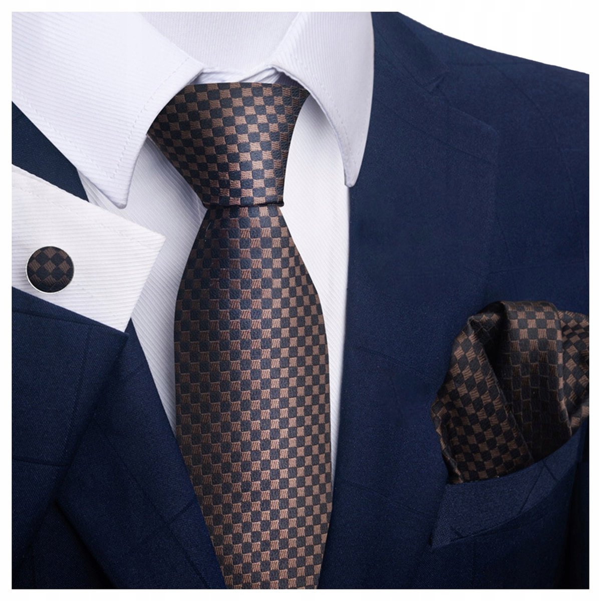Elegancki zestaw krawat + poszetka + spinki do mankietów