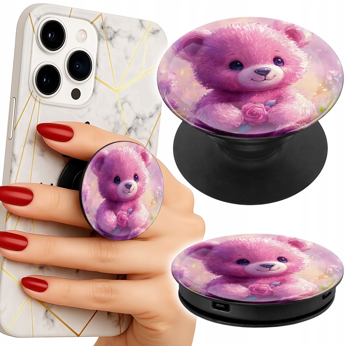 Uchwyt do telefonu Popsocket na palce/stojak SŁODKI MIŚ NA RÓŻOWYM TLE