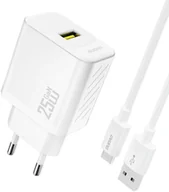 Ładowarki do telefonów - Ładowarka sieciowa USB-A z kablem USB-A - USB-C GaN 25W - biała Ładowarka sieciowa USB-A z kablem USB-A - USB-C GaN 25W - biała - miniaturka - grafika 1