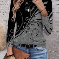 Bluzki damskie - TEMU Koszulka Damska z Długim Rękawem - Czarno-Szary Wzór Kwiatowy, Okrągły Dekolt na Codzień i Formalne Stylizacje - Top Przejściowe na - miniaturka - grafika 1
