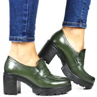 Półbuty damskie - DAMSKIE MOKASYNY NA OBCASIE PÓŁBUTY NA KLOCKU POTOCKI 12154 ZIELONE LICOWE - miniaturka - grafika 1