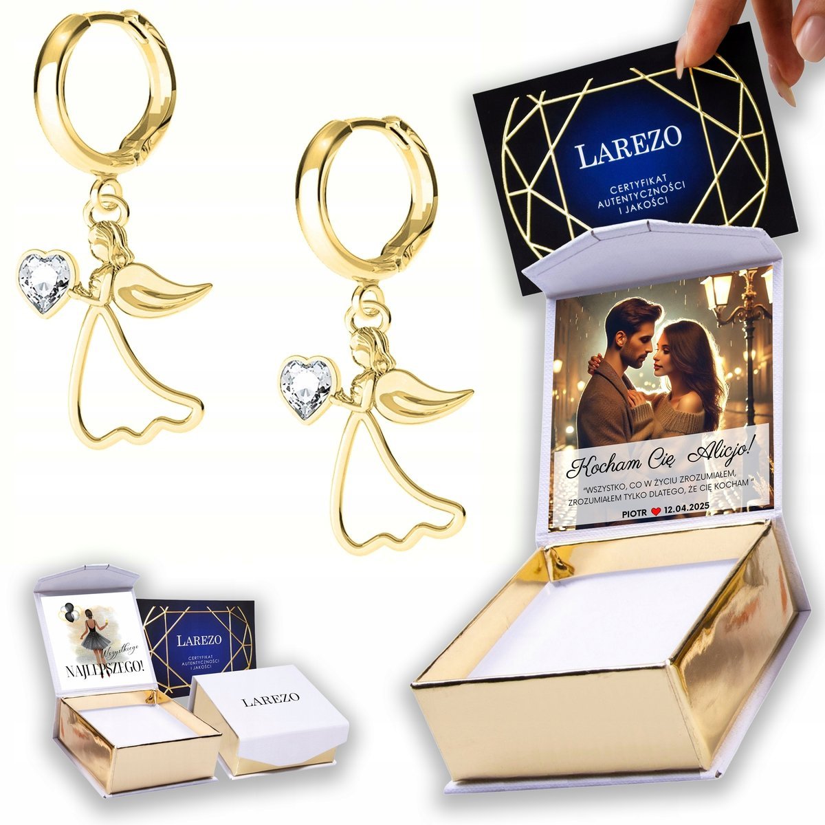 Złote Kolczyki 925 Anioł z Sercem Serduszkiem Anioły Aniołki NADRUK