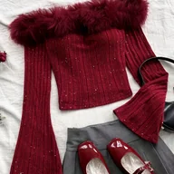 Bluzki damskie - TEMU Bordowa Pluszowa Krótka Bluzka z Odkrytymi Ramionami i Rękawami w Stylu Kurtki - Elastyczna Sukienka na Każdą Porę Roku na Przyjęcia i Wesela - miniaturka - grafika 1