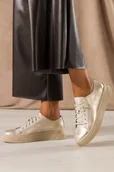 Półbuty damskie - Złote sneakersy skórzane damskie buty sportowe przecierane na platformie z kłódką sznurowane PRODUKT POLSKI Casu 1145 - miniaturka - grafika 1