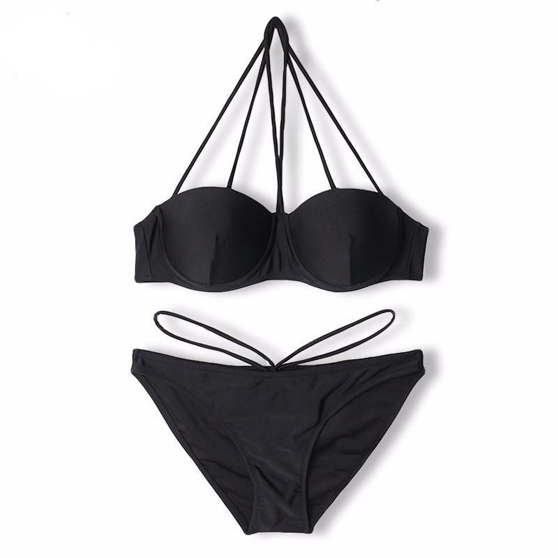 DAMSKI DWUCZĘŚCIOWY STRÓJ KĄPIELOWY CZARNY Z OZDOBNYMI PASKAMI BIKINI L
