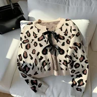 Swetry damskie - TEMU Kardigan z Eleganckim Wzorem Lamparta dla Kobiet z Przednim Wiązaniem - Beżowo-Brązowy Zwierzęcy Nadruk, Długie Rękawy, Żebrowane Mankiety, - miniaturka - grafika 1