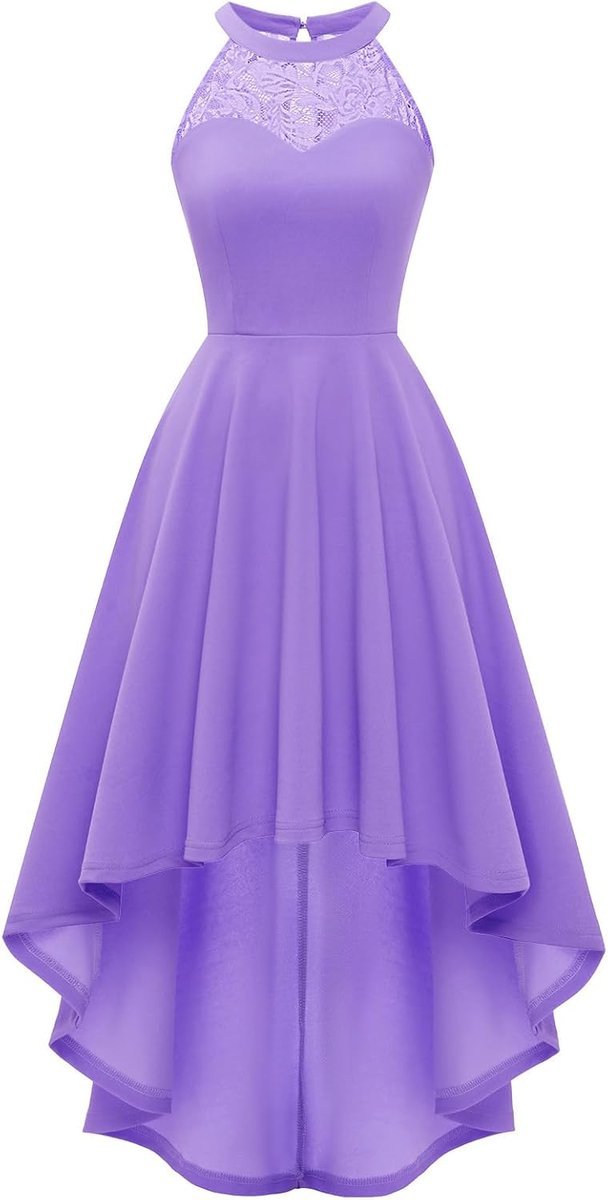 Elegancka Sukienka Koktajlowa Wieczorowa Koronkowa High-Low Fioletowa L