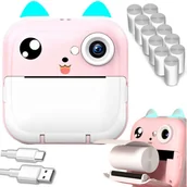 Akcesoria fotograficzne - Drukarka fotograficzna Retoo Drukarka termiczna dla dzieci z aparatem fotograficznym głośnikiem 5 gier Mini Kot 11 rolek - różowa - miniaturka - grafika 1