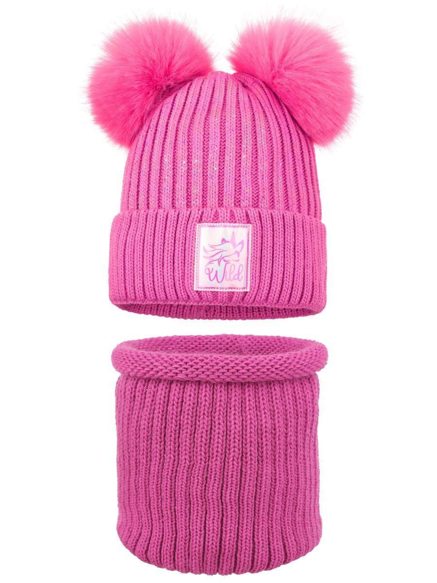 Dziewczęcy komplet zimowy komin i czapka pompony fuksja Ambra r.46/48