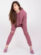 Komplety damskie - Komplet dresowy ciemny różowy casual bluza i spodnie kaptur rękaw długi nogawka ze ściągaczem troczki - miniaturka - grafika 1