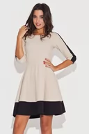 Sukienki - Elegancka Beżowo-Czarna Sukienka z Rękawem 3/4 z Kolorowymi Lamówkami - miniaturka - grafika 1