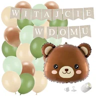 Balony i akcesoria - ZESTAW balonów WITAJCIE W DOMU kraft - miś głowa + balony zielone WITAJ boho powitanie dziecka - miniaturka - grafika 1
