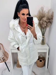 Zimowa holograficzna kurtka Karina z kapturem i białym futerkiem -białe holo - ETNEE - Kurtki damskie - miniaturka - grafika 1