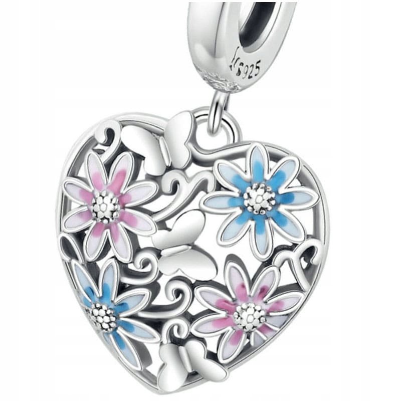 Charms Zawieszka Charms Serce Kwiaty Srebro 925 Charmsy Trusky