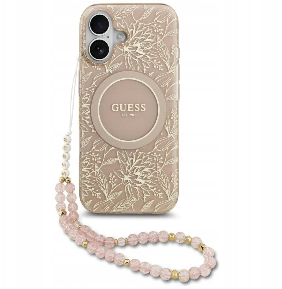 Guess IML Flowers Electro Pearl Strap MagSafe Case for iPhone 17 Pink