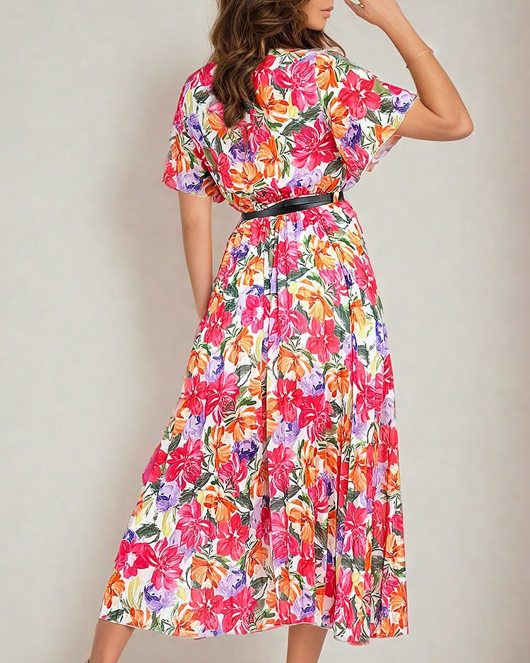 Royalfashion Damska plisowana sukienka midi w kwiaty-Uniwersalny