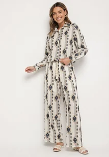 Beżowy Komplet z Bawełny Zdobiony Haftem Koszula i Spodnie Nalirra - Komplety damskie - miniaturka - grafika 1