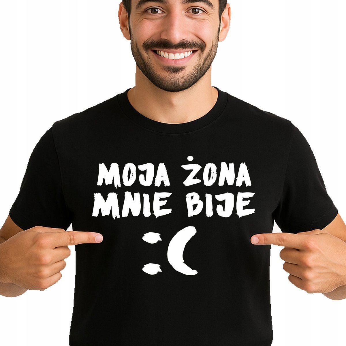 ŚMIESZNA KOSZULKA MOJA ŻONA MNIE BIJE :( PREZENT DLA FACETA L 3536 CZARNA