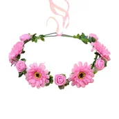 Ozdoby do włosów - Wianek na głowę ze sztucznych kolorowych kwiatów różowy - miniaturka - grafika 1