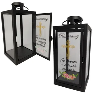 LATARENKA DEKORACYJNA LAMPION OGRODOWA LATARNIA OTWIERANA Z NAPISEM CZARNA - Lampiony i znicze - miniaturka - grafika 1