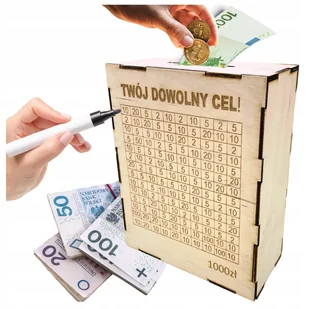 Skarbonka drewniana WYKREŚLANA wykreślanka personalizowana 1000zł drewno - Skarbonki - miniaturka - grafika 1