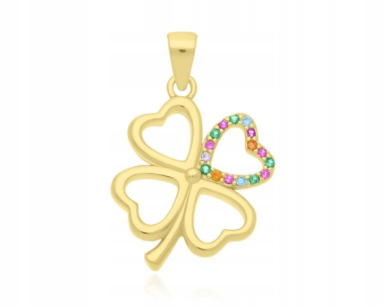 Złota Zawieszka Koniczyna Kolorowe Cyrkonie Wisiorek Damski Srebro pr. 925