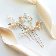 Ozdoby do włosów - Złote wsuwki kokówki szpilki z listkami i perełkami pozłacane boho ŚLUBNE - miniaturka - grafika 1